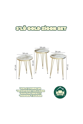 Berlin Beyaz Zigon Sehpa Gold Tel Ayak Lüks & Modern Tasarım
