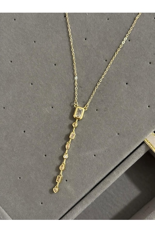 Çelik Mini Taşlı Gold Y Kolye Altin