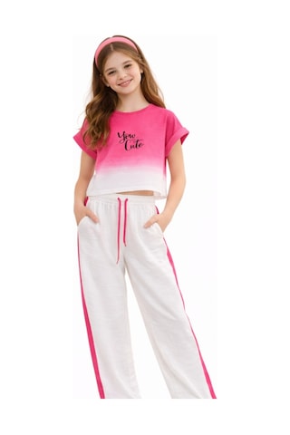 İrem Kız Çocuk You Cute Yazılı Pembe Çift Renk Tişört Yanı Şeritli Pantolonlu İkili Takım