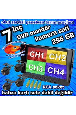4 Adet 4x3 Cm. Ahd 720p 170 Derece Balık Gözü Lens Kamera 7 İnç 256 Gb Qled Dvr Monitör Seti 12 V