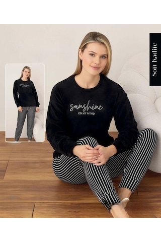 Boyraz Kadın Kışlık Bisiklet Yaka Soft Kadife Pijama Takımı 07041 - 1 Adet Siyah