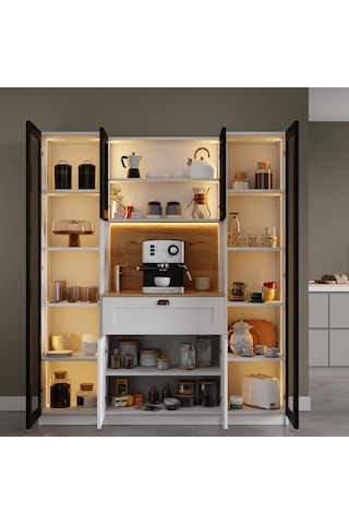 Nero Duo Kahve Köşesi Ve Kiler Dolabı Alüminyum Çerçeveli Cam Kapaklı Led Aydınlatmalı 190 X 160 Cm Beyaz