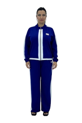 Büyük Beden Viskon Fermuarlı Taşlı Kolu Lastikli Alt Üst Kadın Spor Şık Takım Saks Mavi