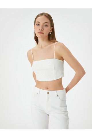 Koton Pullu Payetli Askılı Abiye Üst Crop Slim Fit Kırık Beyaz 4sak30010fk Ekru