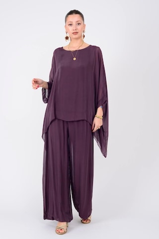 Bohem Stil İtalyan Yarasa Kol İpek Bluz & Pantolon Takım-8767 Mürdüm