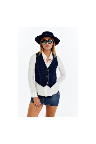 Kadın Denim Yelek Şık Düğmeli Jean Yelek, Günlük Ve Casual Kombin Koyu Mavi