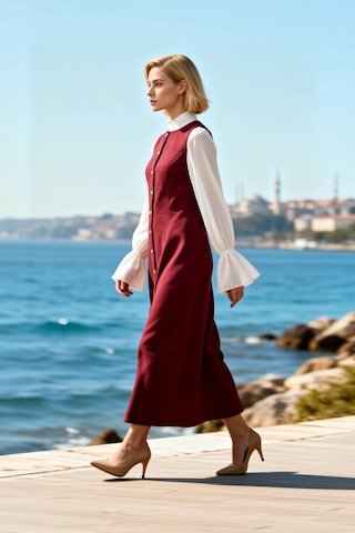 Benerly Kadın Elbise Jile Bisiklet Yaka Kolsuz Dokuma Düğmeli Maxi Boy Sh Bordo