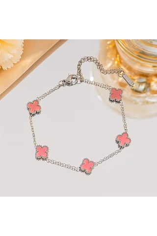 Çelik Bileklik Dört Yapraklı Küçük Yonca Pembe Sedef Taşlı Uzunluk 18 Cm Gümüş Gümüş