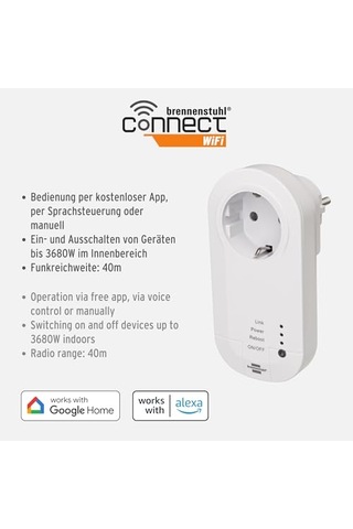 Brennenstuhl Wifi Özellikli Zaman Ayarlı Ses Kontrollü Akıllı Priz, Standart Diğer