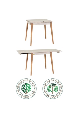 Vilinze Avanos Ahşap Katlanır Kanatlı Mdf Mutfak Masası - 70x70+70 70x140 Cm Traverten