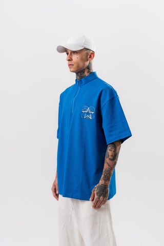 Respire Erkek 22 Baskılı Yarım Fermuarlı Oversize T-shirt Mavi