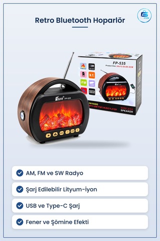 Bluetooth Hoparlör Şömineli Radyo Fenerli Am Fm Sw Usb Type-c Tf