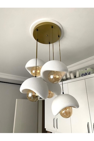Modern 5'li Avize Beton Dokulu - Salon Ve Oturma Odası İçin Şık Tasarım Rustik Ampul Hediyeli Eskitme - Gold