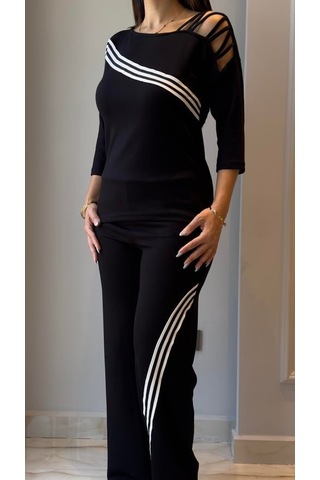 Tua Moda Kadın Uzun Kollu Truvakar Kol Tek Omuz Çapraz Şerit Detaylı Ribanalı Viskon Iki Iplik Bluz Ve Pantolon Ikili Takım Siyah