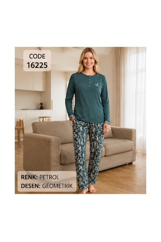 Melodi Kadın Standart Kalıp %100 Pamuk Düğmeli Yaka Uzun Kollu Baharlık Pijama Takımı 16225 - 1 Adet Petrol