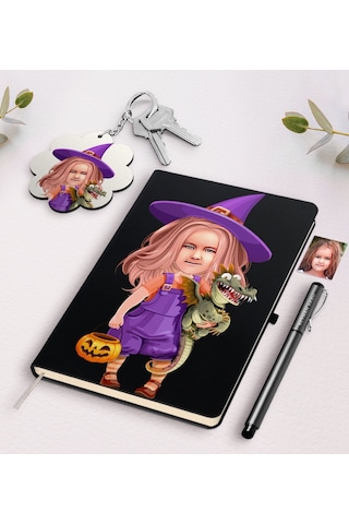 Kişiye Özel Küçük Cadı Karikatürlü Siyah Defter Kalem Ve Anahtarl