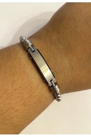 Erkek Silver Renk Plaka Detay Çelik Bileklik Gümüş