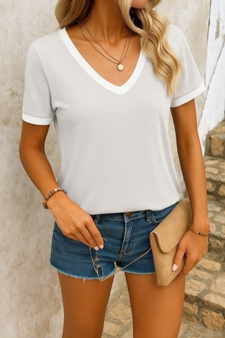 Ge Ticaret Kadın Kısa Kollu V Yakalı Viskon Bluz Gri