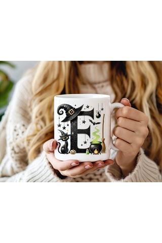 E Harfli Halloween Kedili Figür Kupa Bardak - Şapkalı Ve Kazanlı İsme Özel Kupa - Hediye 07 Beyaz