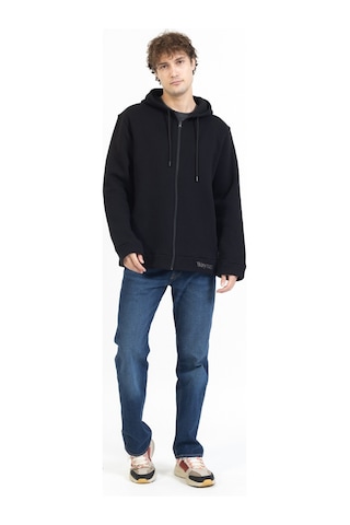 Tampap Erkek Kışlık Büyük Beden Kapşonlu Sweat Baskılı Fermuarlı Waynap Siyah