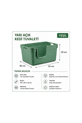 Pribor Yüksek Kenarlı Yarı Açık Kedi Tuvaleti, Geniş Ve Kolay Temizlenebilir 54 X 40 X 32 Cm Yeşil