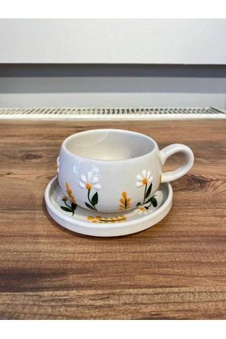 D.papatya Desenli El Yapımı Seramik Fincan, Kupa Seti Ve Şekerlik