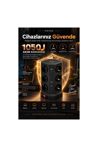 Robeve Fulltech Prime 12 Li Akım Korumalı Kule Priz 3680w - 1050j Koruma, Pd20 Destekli 3 Usb-a + 2 Usb-c, 2 Metre Kablolu Dikey Çoklu Uzatma Prizi Grup Priz 12'li Fiş 12'li Priz 2 M