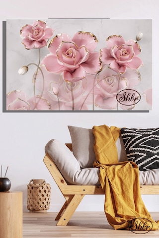 Tekli, Yatay, Kanvas, Dekoratif, Duvar, Tablosu , Pembe Gold Detaylı 3d Güller,