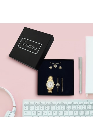 Altın Kaplama Kar Tanesi Kolye Küpe Bileklik Saat Seti Se Altın