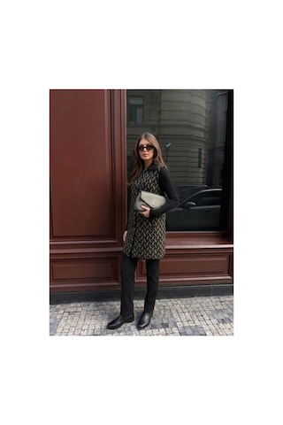 Onno Style Women Desenli Çelik Örgü Uzun Triko Kadın Yelek Kaban Siyah