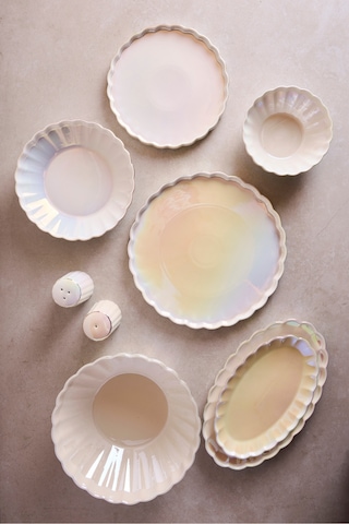 İstanbul Pearl 29 Parça 6 Kişilik Porselen Yemek Takımı Parlak Sedefli Servis Seti Beyaz Beyaz