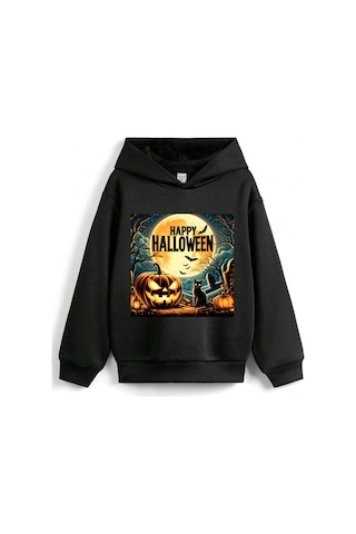 Stil X Halloween - Cadılar Bayramı Baskılı, Kapüşonlu Çocuk Sweatshırt, 3 İplik Şardonlu Siyah
