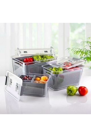 Vinoa 3'lü 2,5 Lt + 5 Lt + 9 Lt Süzgeçli Buzdolabı Düzenleyici Organizer + Saklama Kabı Gri