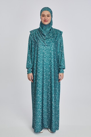 Pratik Tek Parça Çiçek Desenli Namaz Elbisesi Petrol Petrol Mavi