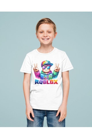Sevbano Roblox 2 Baskılı Unisex Oyun Çocuk Tişört 1-12 Yaş Beyaz