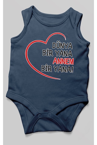 Morivokids Dünya Bir Yana Annem Bir Yana Sıfır Kollu Bebek Zıbını %100 Pamuk Lacivert