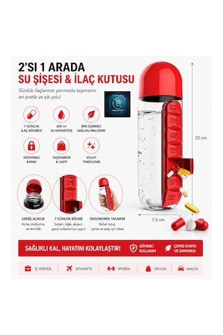 Su Şişesi & Ilaç Kutusu 2'si 1 Arada 600 Ml Matara Suluk Kırmızı