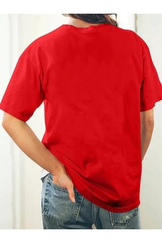 Mama Kalp T-shirt - Kırmızı Baskılı Oversize Bisiklet Yaka Kısa Kol Tişört Kırmızı