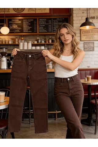 Layal My Beauty Jeannine Kadın Jeans Yüksek Bel Mom Boyfriend Dar Paça Denim Kot Pantolon Kahve