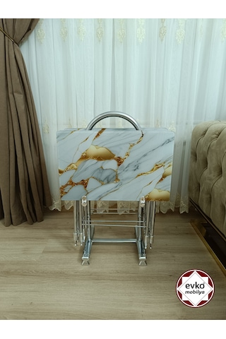 Evko Mobilya Çanta Zigon Sehpa, 4'lü Sehpa, Zigon Sehpa, Servis Sehpası, Camlı Sehpa, Katlanır Sehpa Sarı Mermer Beyaz - Sarı