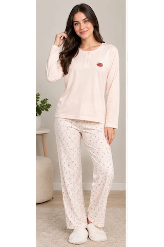Kadın Pamuklu Çiçek Baskılı/desenli Uzun Kollu Pijama Takımı Çok Renkli - Pembe
