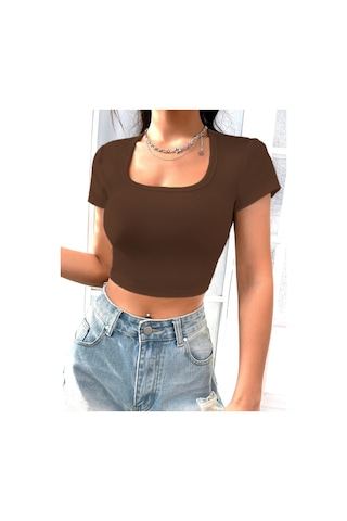 Rooted-kadın Kare & Havuz Yaka Crop T-shirt ,likralı Fitilli Kaşkorse Kumaş Kahverengi