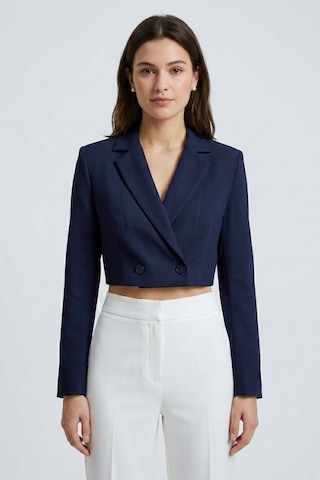 Saade Koyu Lacivert Kadın Regular Fit Kruvaze Kapama Dokuma Crop Blazer Ceket -şık & Spor