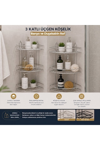 İbico K13-019 Banyo Köşelik Ve Duşakabin Rafı 3 Katlı Üçgen - Krom Metal- 12'li Paket Diğer
