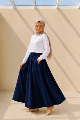 Kadın Lacivert Cepli Beli Lastikli Poplin Uzun Etek 90 Cm