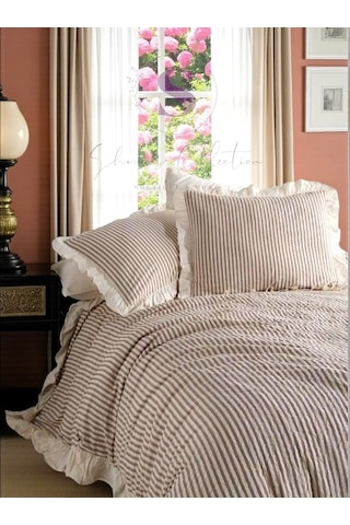Kahve-bej % 100 Pamuk Fırfır İplik Boyalı Çift Kişilik Nevresim Takımı,modern Çizgili Yorgan Ve Çarşaf Seti Çok Renkli