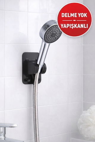 Yapışkanlı Duş Başlığı Tutucu Ayarlı Delmeden Duvara Monte Siyah Duş Askısı Siyah Diğer