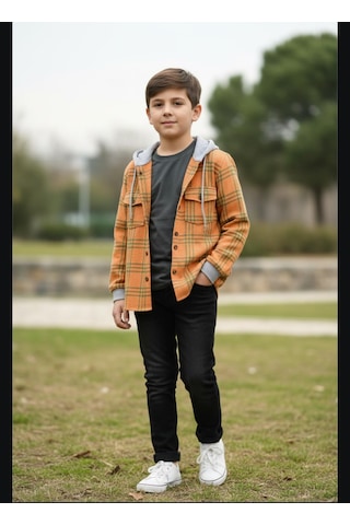 Gala Kareli Kapüşonlu Ünisex Çocuk Gömlek Hardal