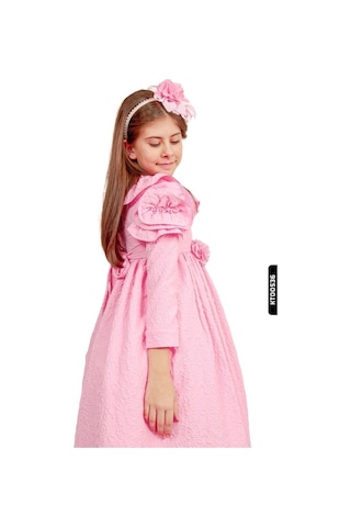 Xo Kids Fırfırlı Kristal Taş Ve Çiçek Baskılı Yay Başörtülü Kız Çocuk 2li Elbise 4-12 Yaş 6522 Pembe