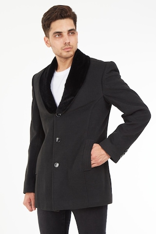 Sposo 1661 Yaka Kürkü Çıkmalı Yünlü Kaşe Füme Erkek Kaban Füme